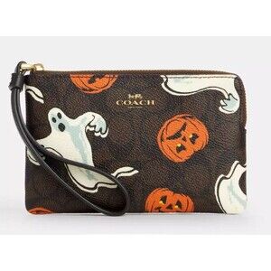 Coach Corner Zip Wristlet Bag Clutch Signature Halloween Ghost Pumpkin Print NWT